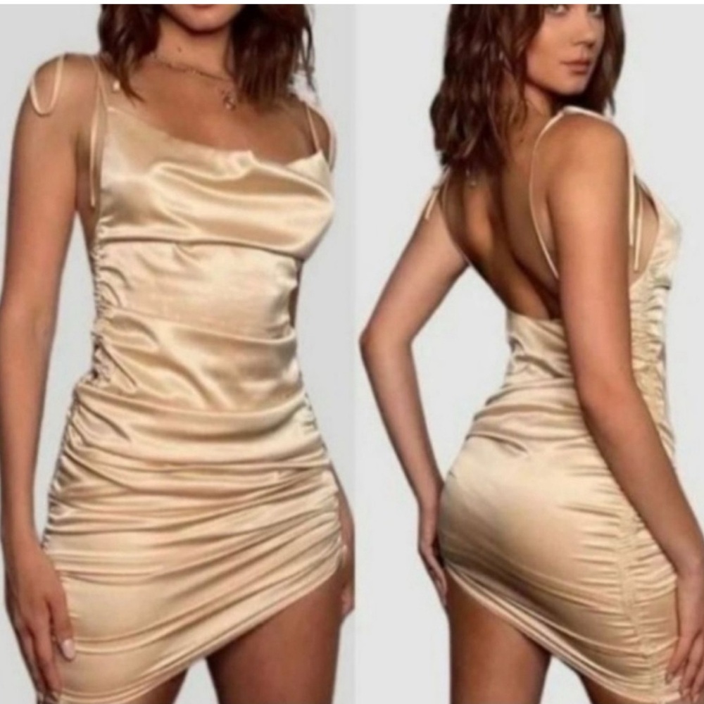 NWT Leau s small champagne Gold Asymmetrical Ruched Backless Dress adjustable